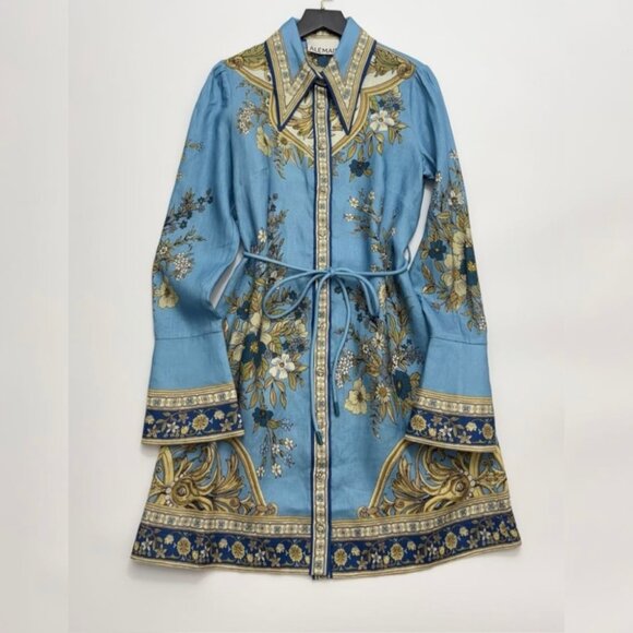 Alemais Women's Cassie Floral Flax Blue Floral-Print Belted Mini Dress - Picture 4 of 11